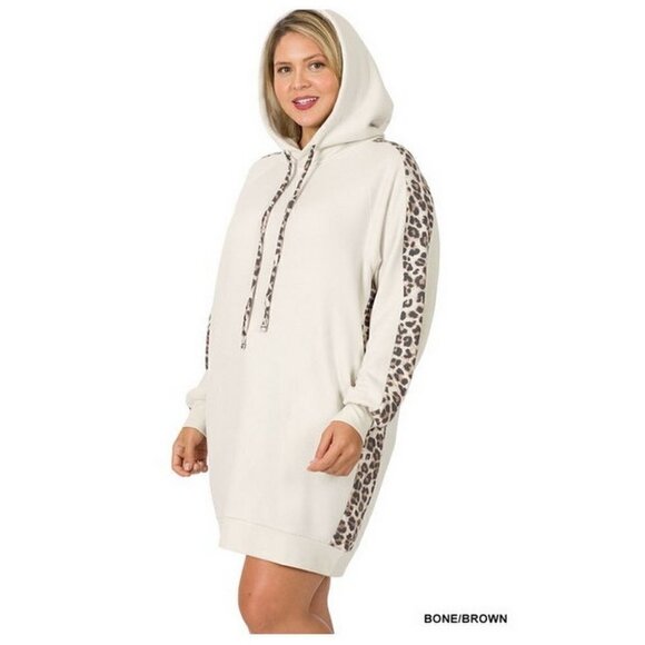 Plus Size Womens Long Line Sweatshirt Soft Stretch Hoodie Leopard Print 3X - Picture 2 of 3